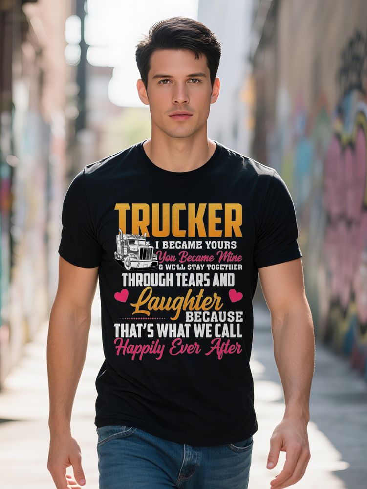 Men s Casual Crew Neck T-Shirt Trucker Theme Print Black with Yellow Pink Design I Yours Because You Became