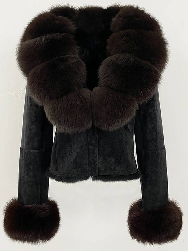 OFTBUY Fashion Short New Autumn Winter Clothing Real Rabbit Liner Suede Jacket Women Natural Fox Fur Collar Coat Female