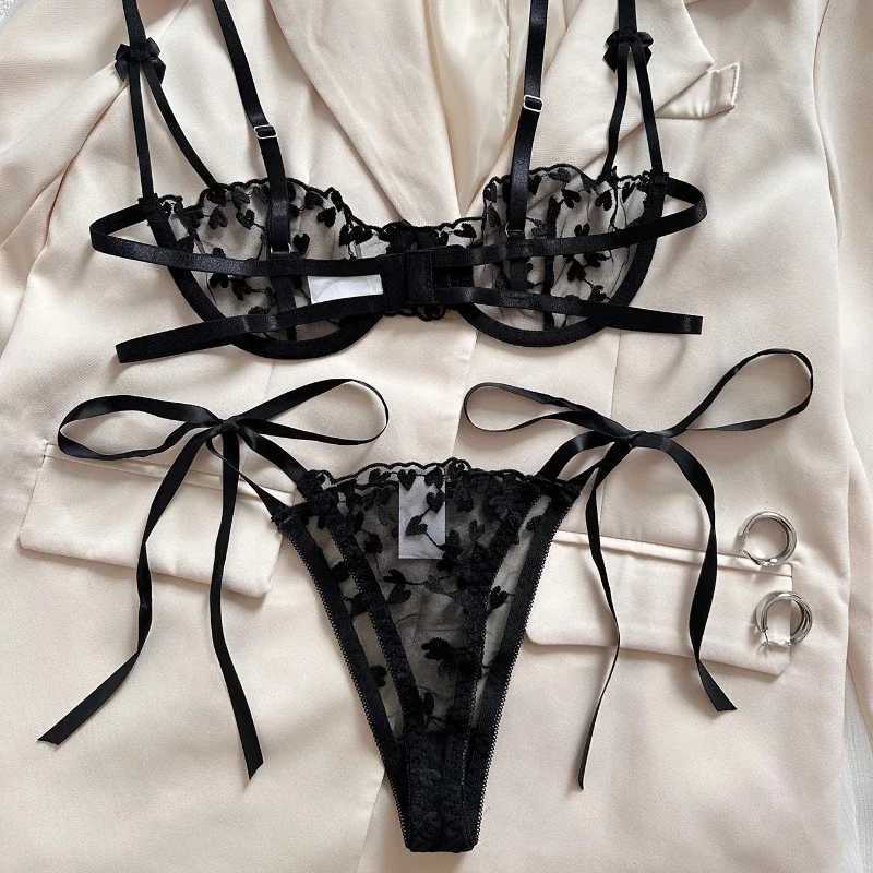 Sexy Lingerie Sets for Women Strap Lace Embroidery Heart-shape Fairy Seamless Underwear See Through Exotic Set Bra and Brief SetXJ250812