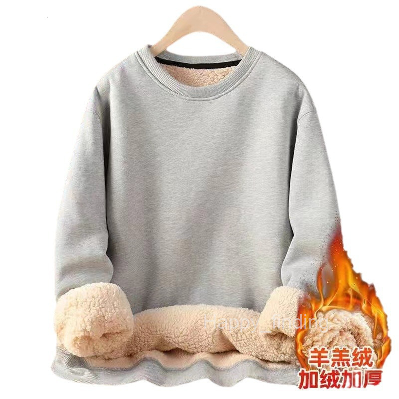 Lamb Wool Fleece Thickened Sweatshirt for Men Hoodless Solid Color Thick Warm Clothing Loose Pullover Crew Neck Autumn and Winter Season