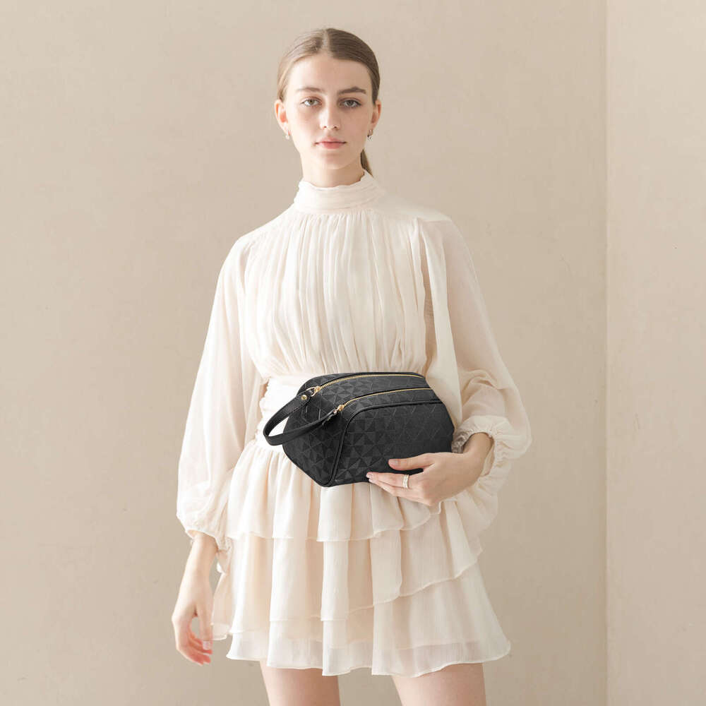 Lacel Urwebin Women's Geometric Textured Double - Zipper Toiletry Bag Large Capacity Portable Handle Makeup Organizer for Travel Daily Essentials