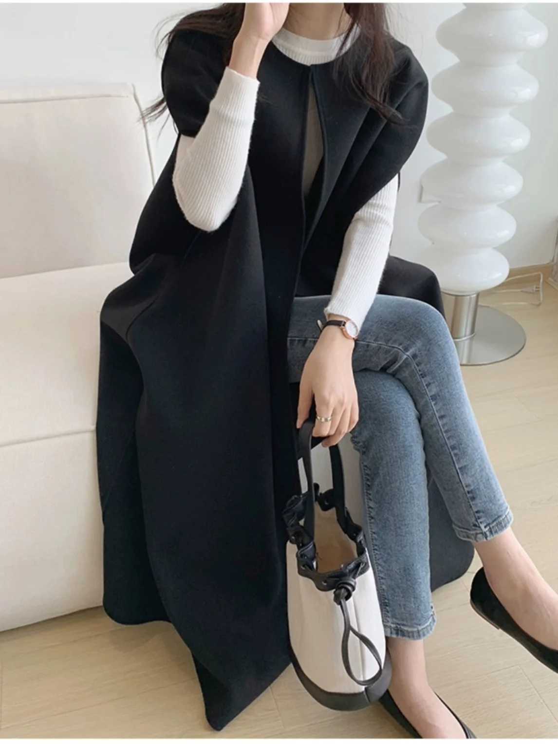 Loose Woolen Vest Jacket Mid-Length Open-Ba Design Sensation Autumn Small Size Japanese Style Womens Fashion Coat Z250813