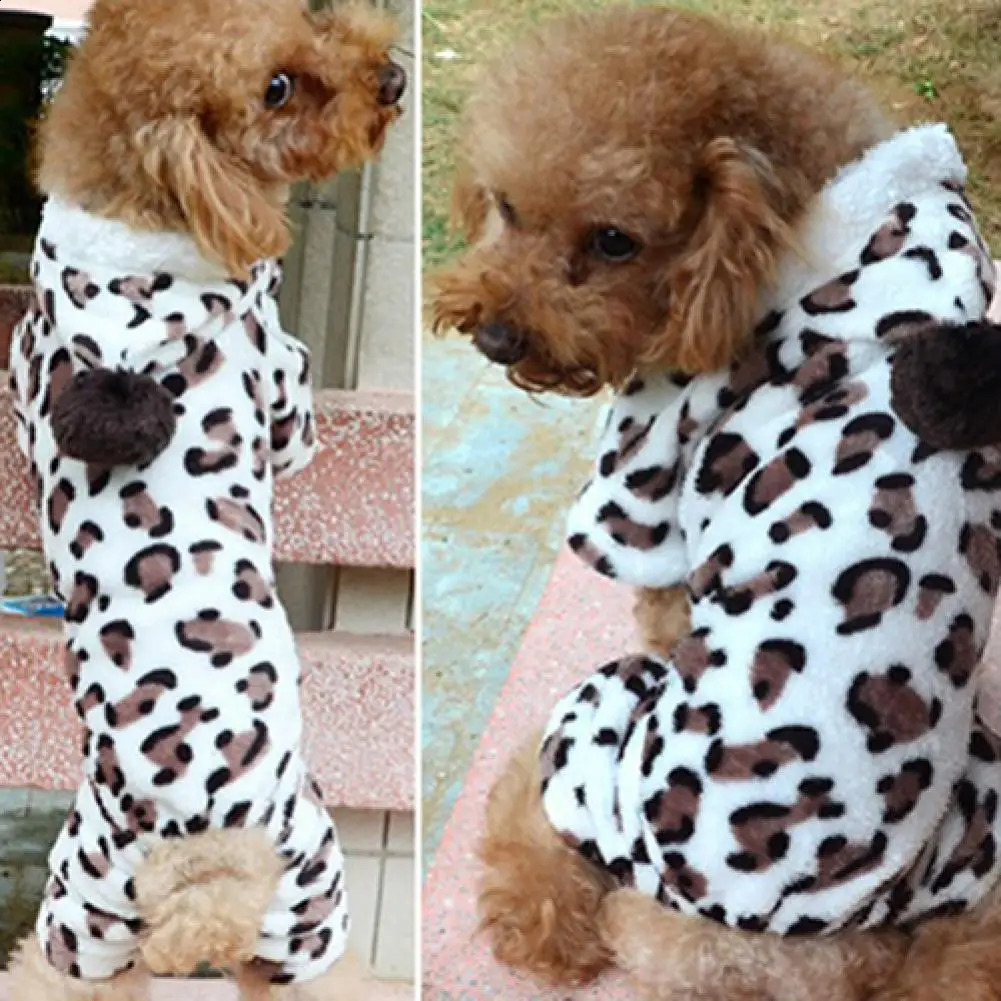 Dog Hoodie Hooded Flannel Winter Warm Leopard Printed Pet Puppy Clothes Jumpsuit Pajamas Outwear for Home 250806