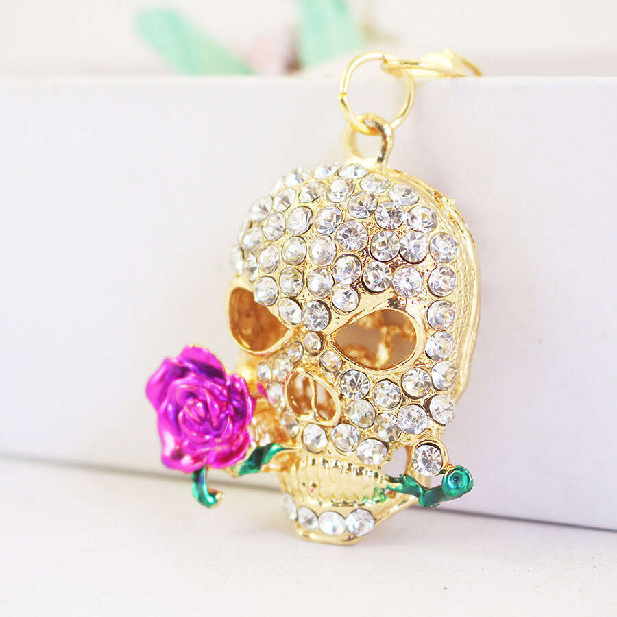 Creative Inlaid Dia Grim Reaper Rose Skull Car Keychain Metal Women's Bag Pendant Jewelry Accessory 545