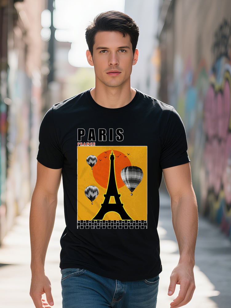 Casual Versatile Round Neck T-Shirt Paris Eiffel Tower Three Hot Air Balloons Print Pattern Top Men's Gift