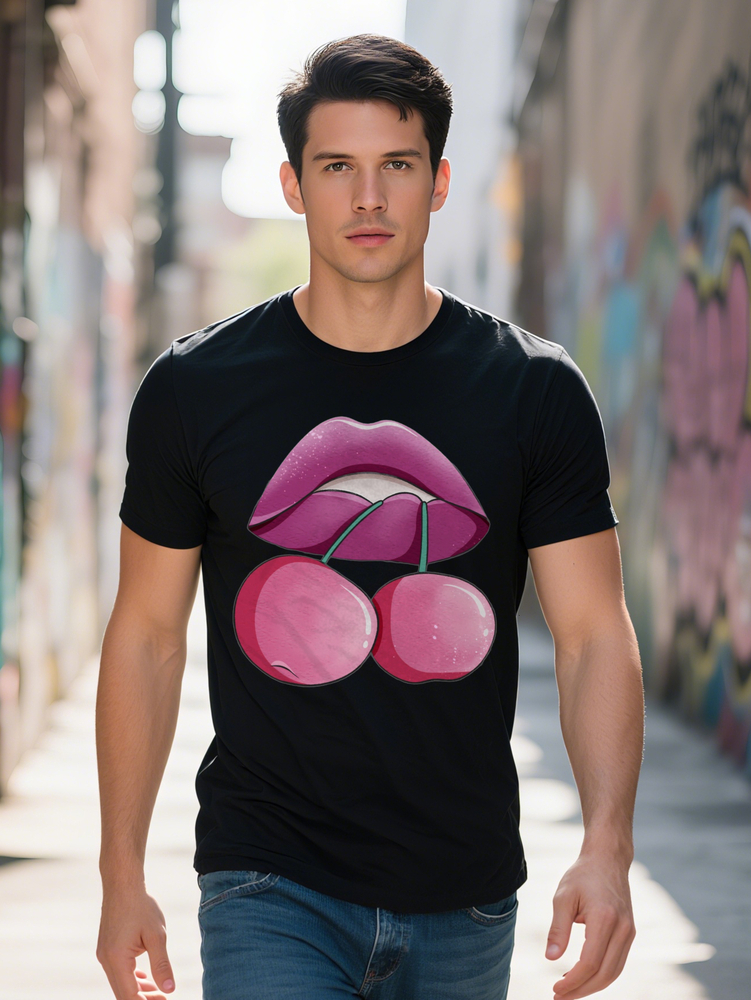 Casual Round Neck T-Shirt with Lip Cherry Print Top Men's Gift