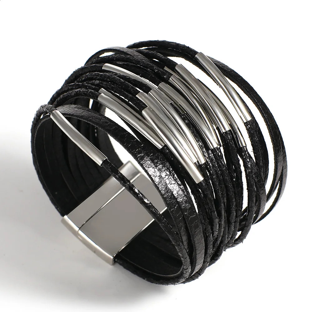 ALLYES Trendy Metal Tube Leather Bracelet for Women Men Chunky Glitter Filled Slim Multilayer Wrap Wide Bracelets Party Jewelry 250812