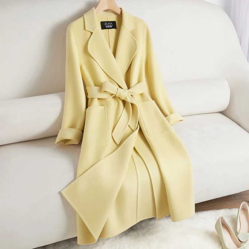 White Belt Double-sided Cashmere Coat Womens 2024 New Fashion Temperament Winter Slim Wool Coat Solid Female Long Windbreaker Z250813