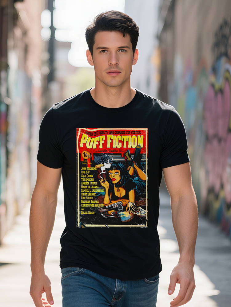 S Retro Puff Fiction Graphic T Shirt Black Casual Crew Neck Tee with Print Summer Essential for Men Gift Idea