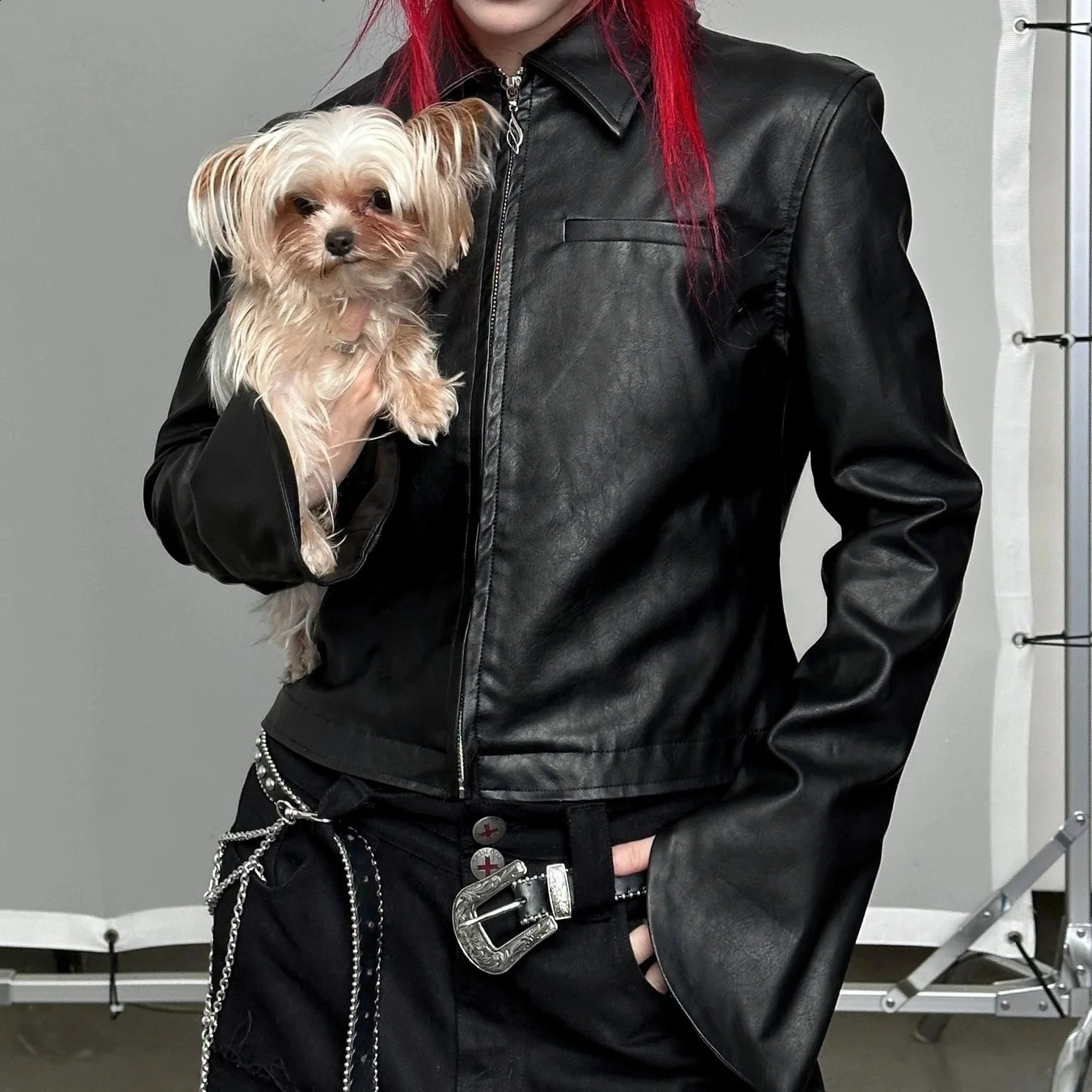 Rock Punk Jacket Printed Rivet Panels Contrast Color Stitching Bell Sleeve Leather Jacket Slim n Jacket 250811