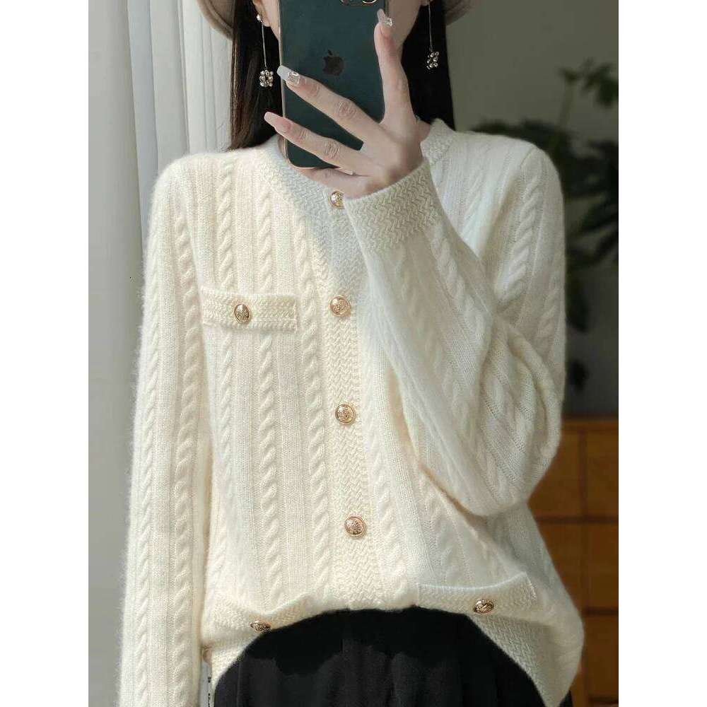 Women O-Neck Cardigan Office Lady Cable Knitting Sweater Autumn Winter Thick Long Sleeve 100% Merino Wool Knitwear Tops 250813