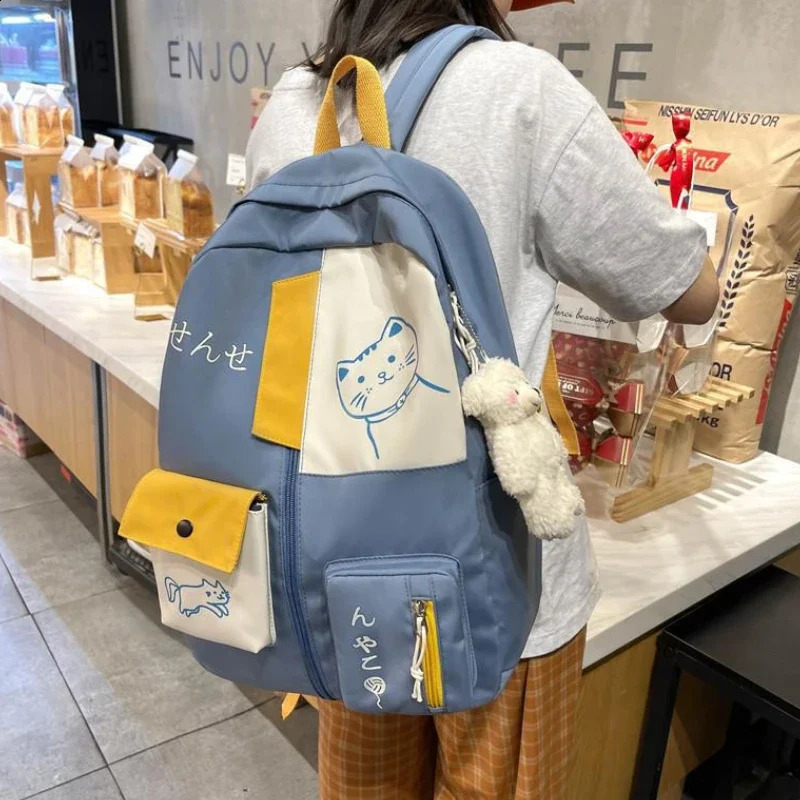 Korean Cute Cartoon Cat Womens Backpack Junior High School Students Schoolbag Large Capacity Nylon Waterproof Travel Backpack 250809