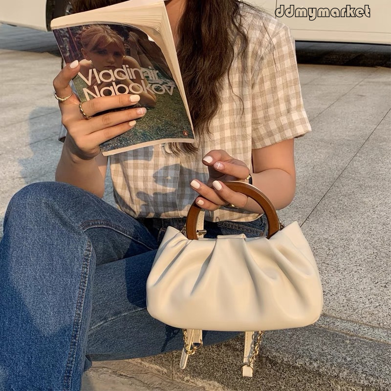 Niche Design Wooden Handle Wrinkled Cloud Handbag for Women 2025 New Ins Style Crossbody Chain Small Bag Fashion Trend ddmymarket