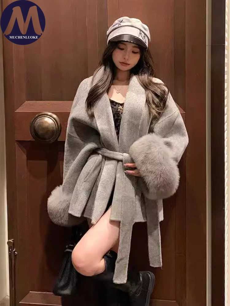 Coats for Women Autumn Winter New Elegant Long Sleeves V Neck Lace Up Woolen Coat Korean Fashion Casual Loose Street Trends Coat Z250813