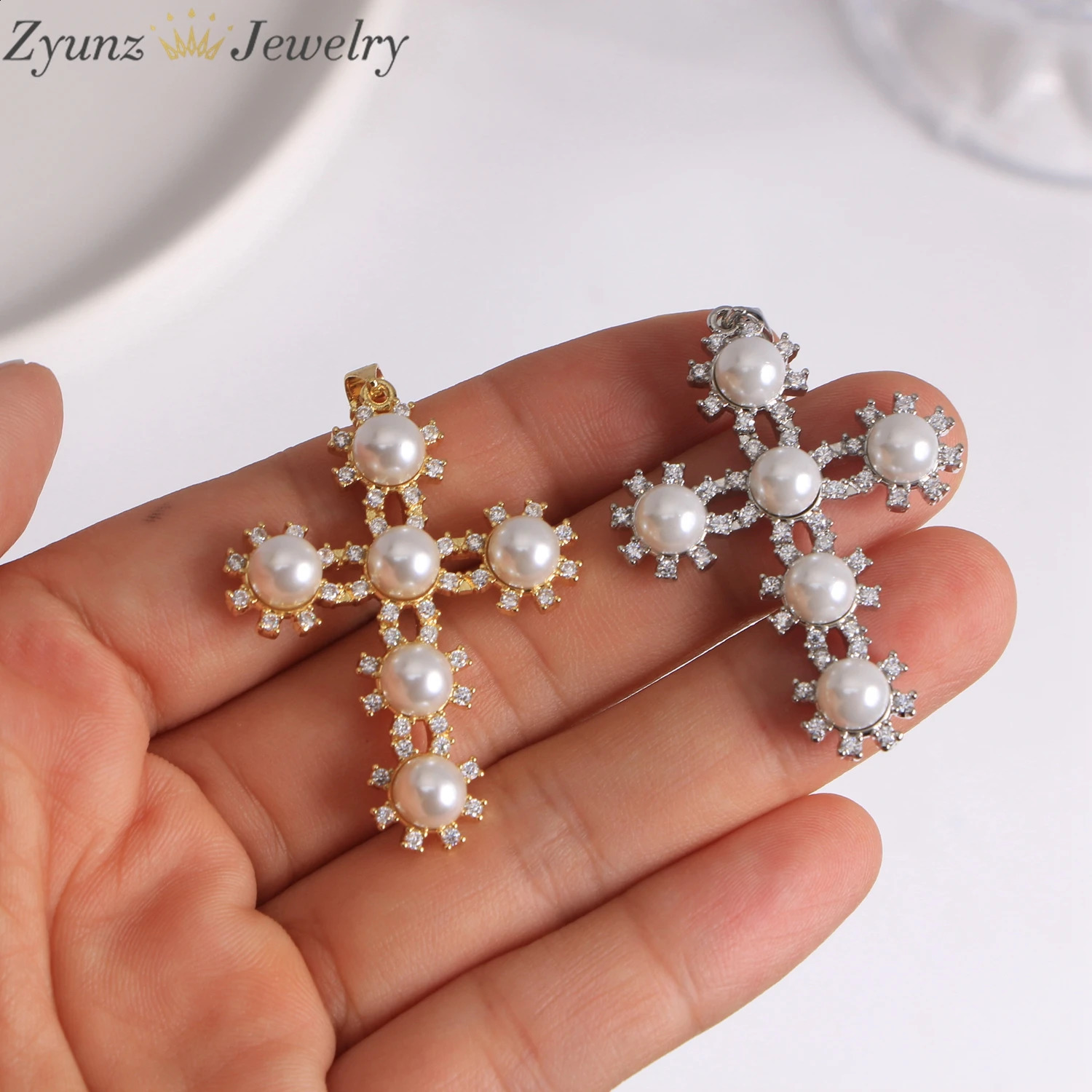 5Pcs 18K Gold Plated Pearl Cross Pendant Micro Pave CZ Cross Charm Jesus Christian Jewelry Holiday Gifts 250807
