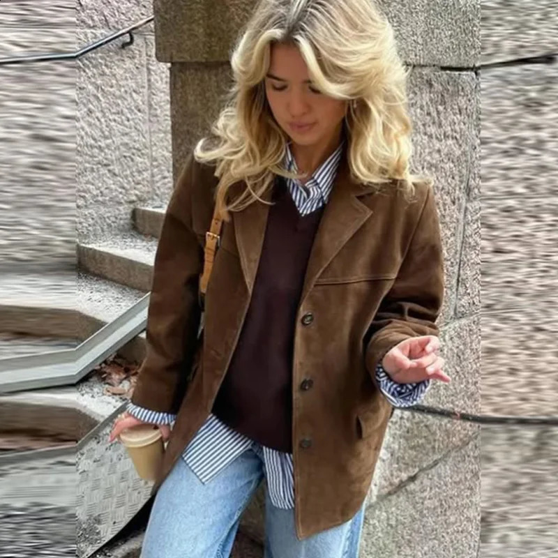 TRAF Womens Blazer Suede Jacket Spring Outerwears Brown Long Sleeve Blazer Vintage Solid Fitted Coat Old Money Jackets 066 250812