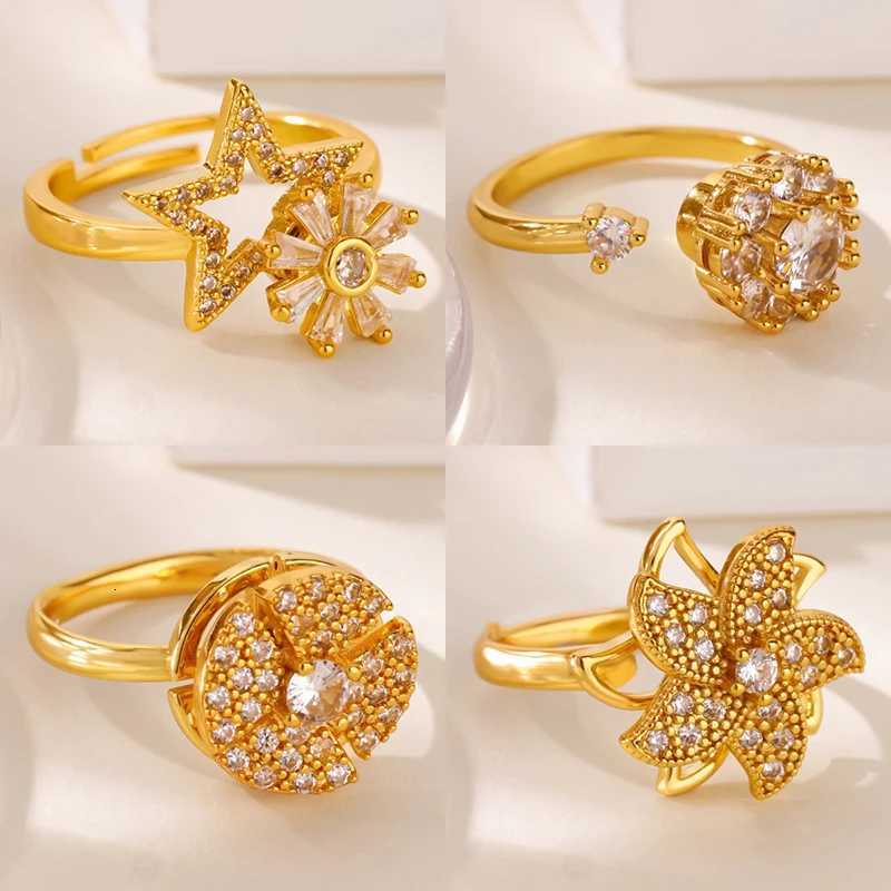 Luxury Zircon Rotatable Star Flower Windmill Ring for Women Stainless Steel Gold Color Cheap Ring Wedding Couple Jewelry rings W250812