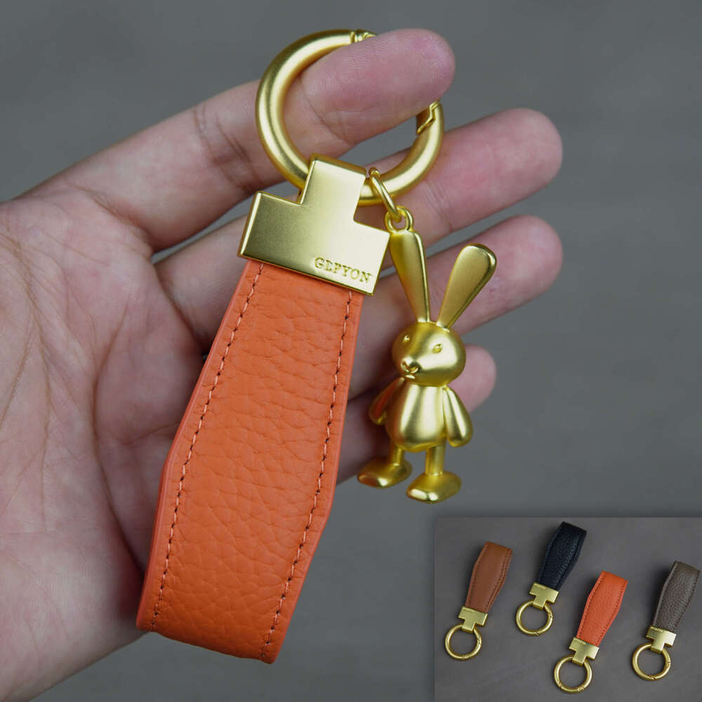 2025 French Style Little Golden Rabbit Pendant Lychee Grain Genuine Leather Car Keychain Ornament Gift