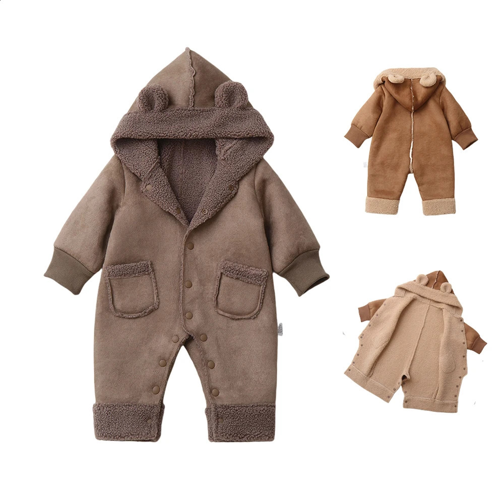 Autumn Winter born Baby Hooded Romper Thickened Fleece Warm 02Y Jumpsuits Windy breaker Infant Playsuit Jacket 250812