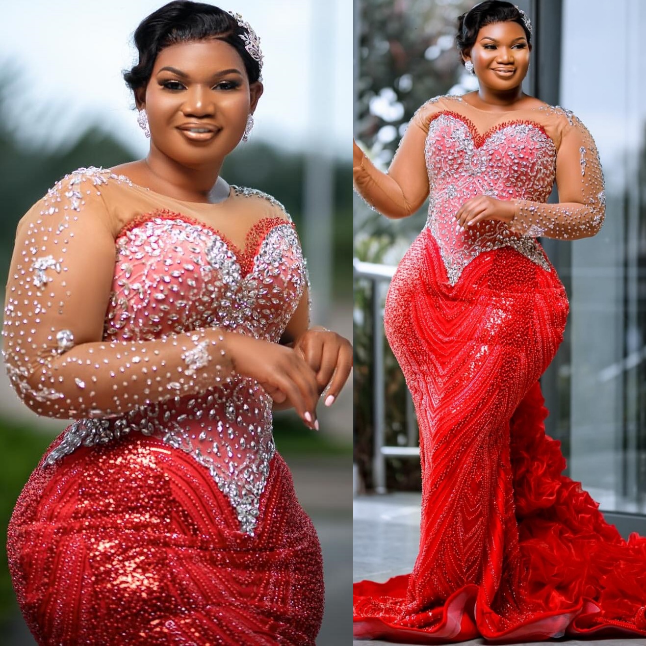 Mermaid Red Prom Dresses 2025 Beaded Crystals Luxurious Full Sleeves Evening Formal Party Second Birthday Engagement Gowns Plus Size Dress For Special
