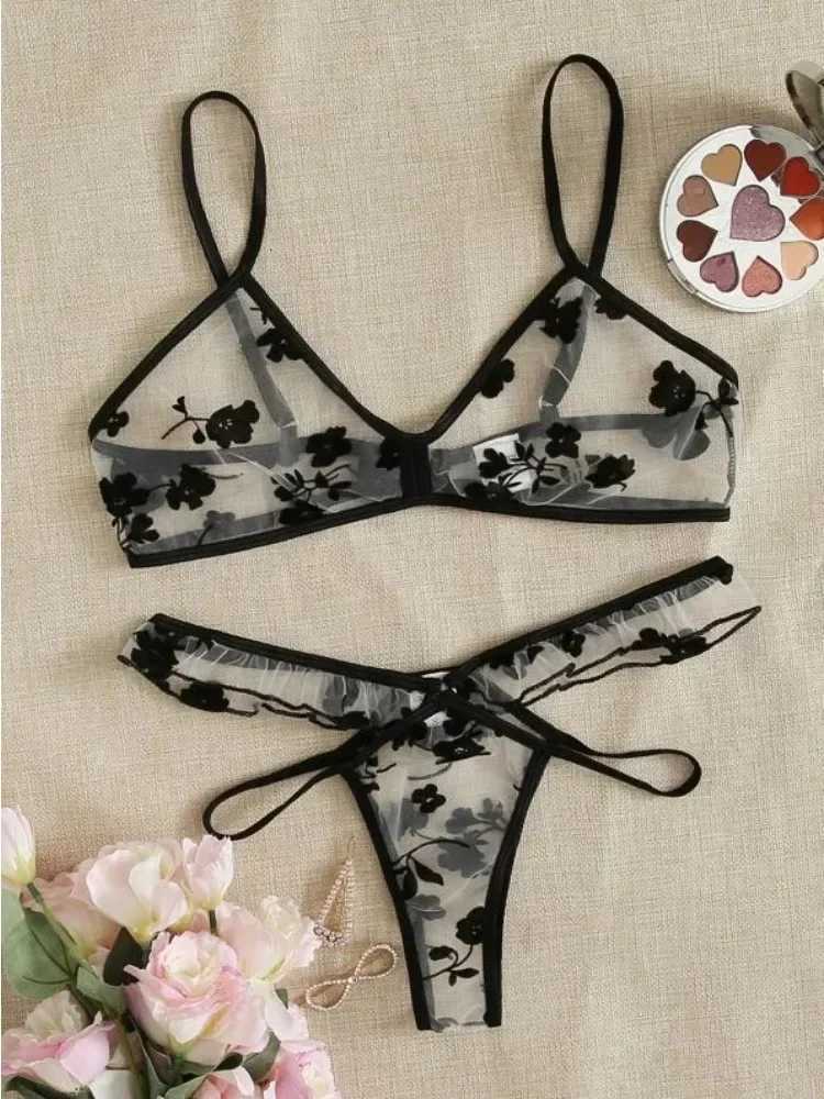 2024 Summer Women Lace Bra Set See-Through Sexy Lingerie Thin Strap Underwear Suit Floral Print Stylish Bralettes XJ250812