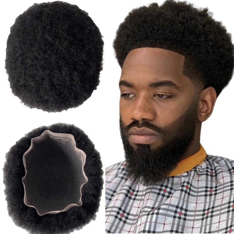 Mongolian Virgin Human Hair Hairpieces 4mm Root Afro Toupee 1# Jet Black Color 8x10 Full Lace Unit for Black Men