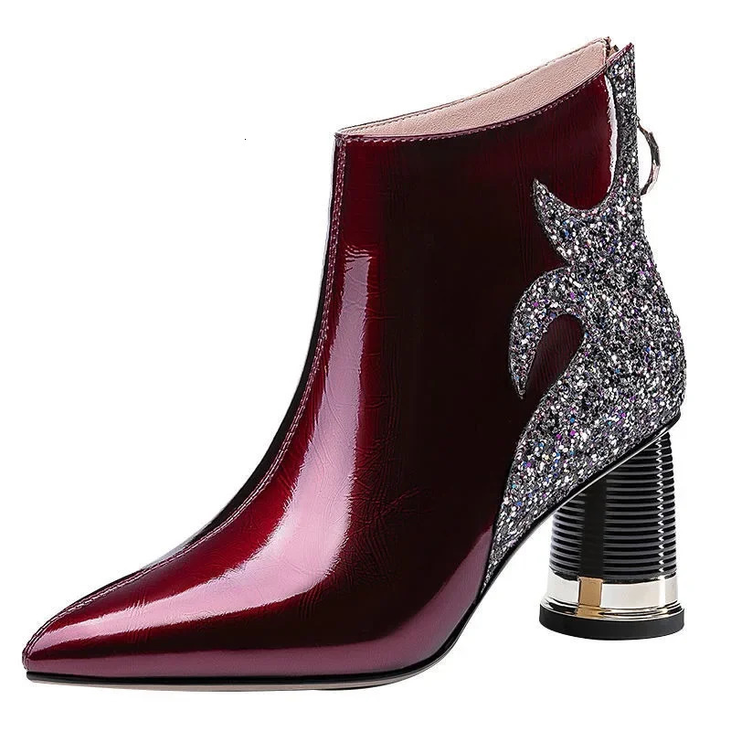 High Quality Womens Boots Shiny Sequined Ladies High Heels Sexy Pointed Ankle Boots Comfor Chunky Heel Office Female Shoes 250812