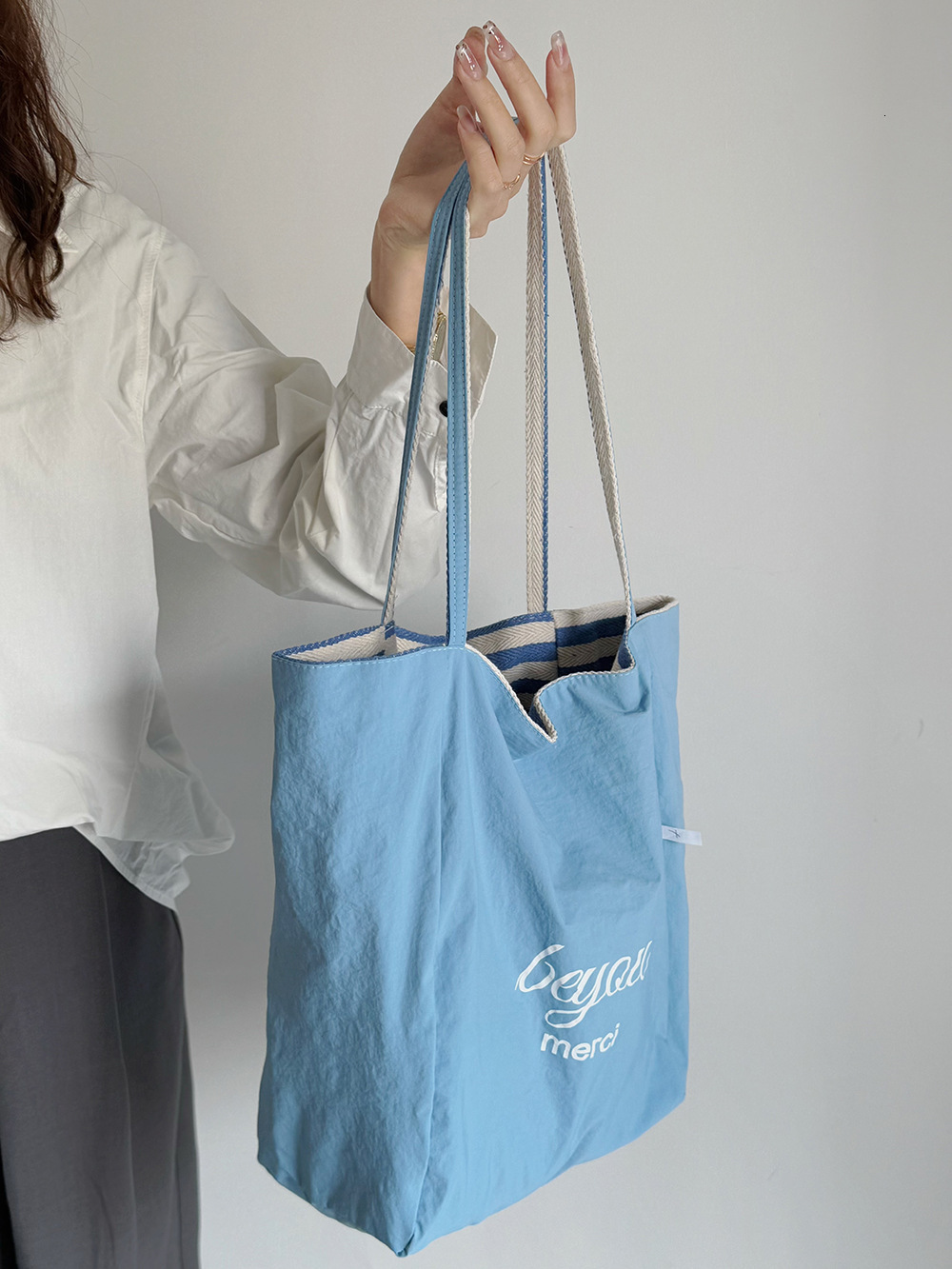 Double-Sided Striped Canvas Korean INS Lazy Style Large Capacity Shoulder Tote Student Casual Shopping Bag for Women ddmymarket