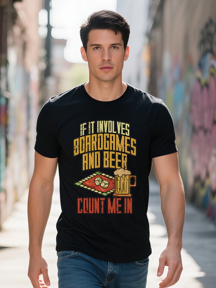 Men s Casual Graphic T Shirt IF IT INVOES BOARDGAMES AND BEER Print with Pizza Beer Mug Design Black Round Neck Summer