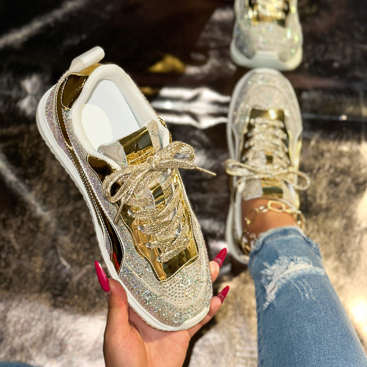 New 2025 Women's 4.5cm Thick Bottom Casual Shoes Crystal White Luxury Shining Sports Shoes Trendy Anti Slip Flat Casual Shoes Fashion Tennis Shoe