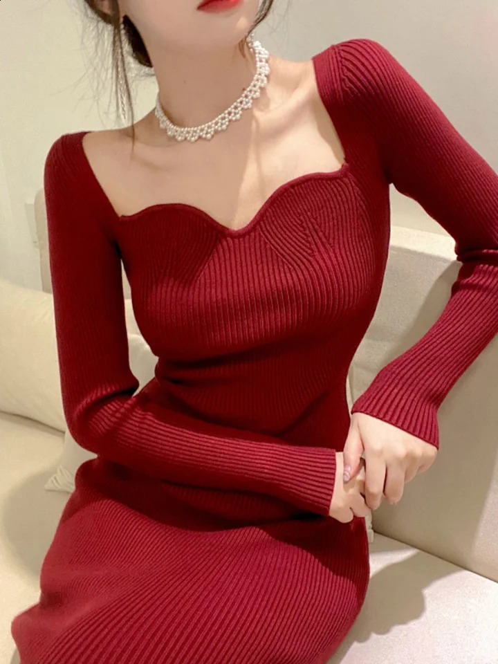 Vintage Harajuku Slim Sweater Dress Women Autumn Winter Long Sleeve Bodycon Knitted Midi Dresses Party Evening Club Female 250806