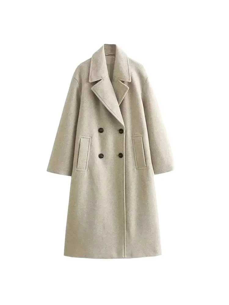 TRZA-Womens Soft Loose Woolen Coat Long Sleeve Welt Pockets Oversized Female Outerwear Chic Overcoat Fashion Z250813
