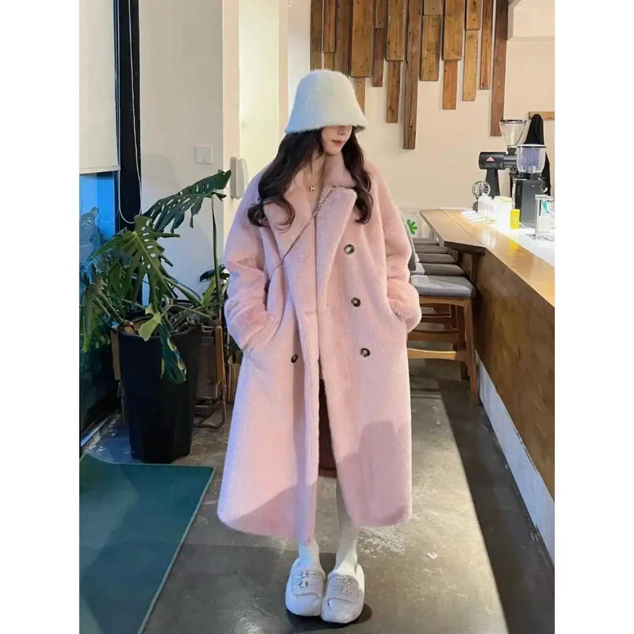 Thickened Long Suit Collar with Faux Mink Fur and Cotton Thickened Fur Environmentally Friendly Fur Coat for Women Z250813