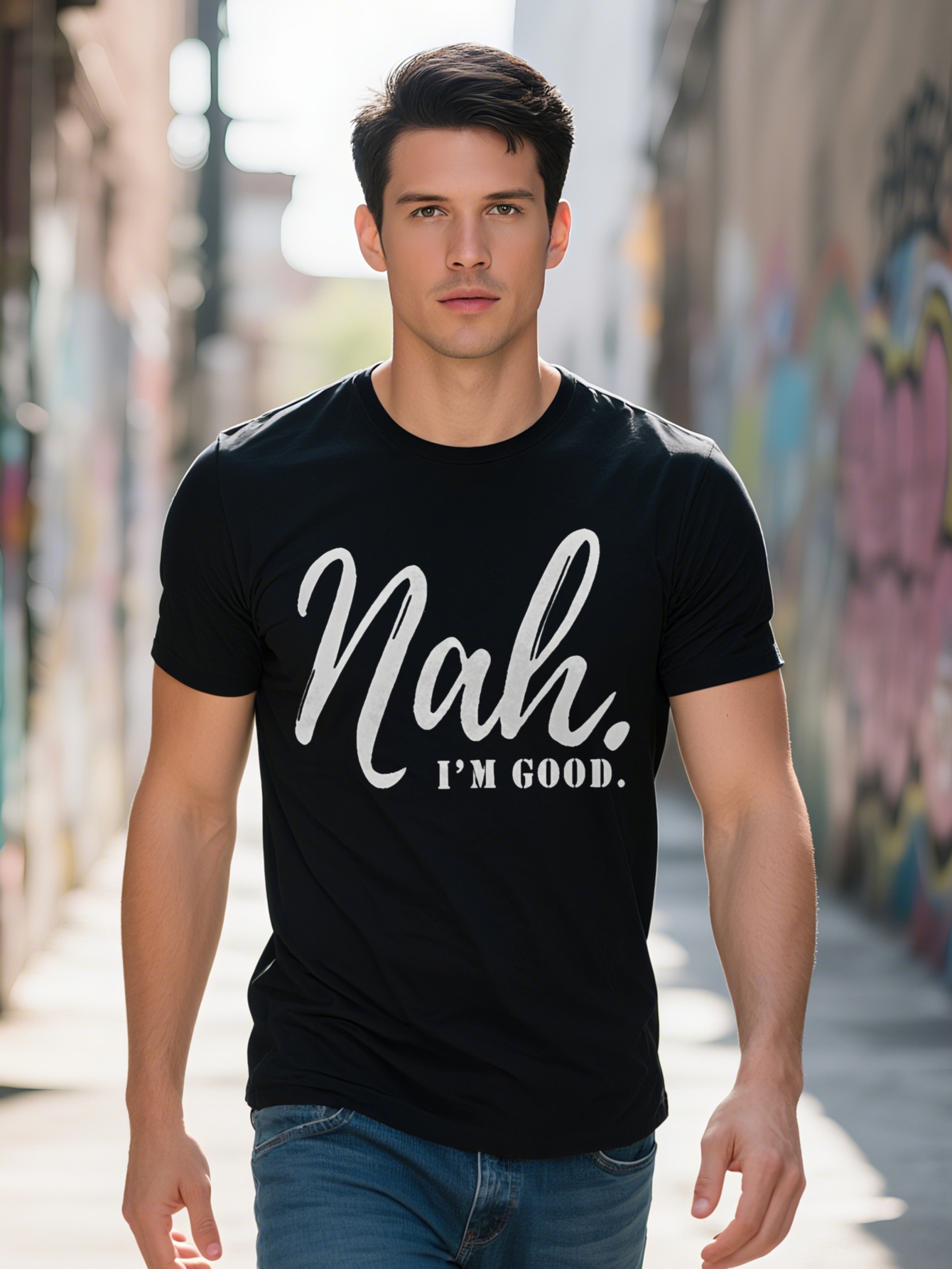 Men S Nah I m Good Graphic Tee Black Crew Neck T Shirt with White Lettering Soft Comfortable Perfect Gift for