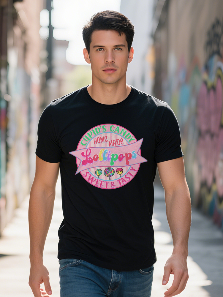 Men S Crew Neck T-Shirt with Colorful Lollipop Sweet Tasty Design Soft Fabric Perfect for Summer Casual