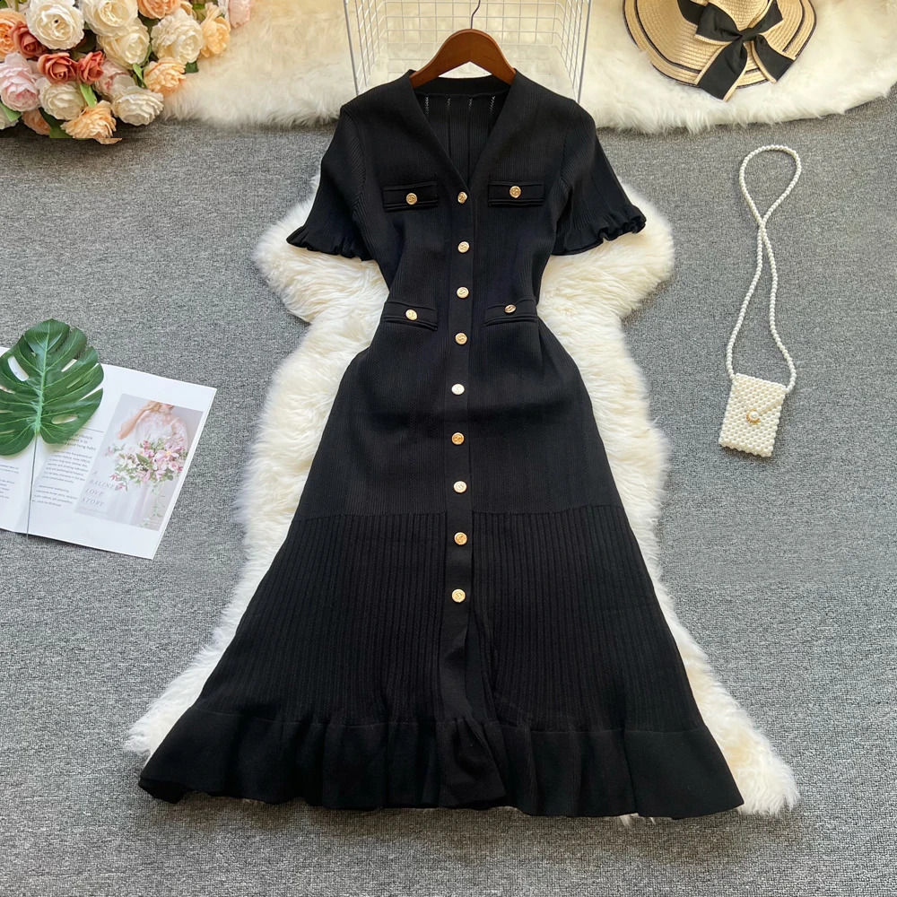 YuooMuoo Fashion Women Summer Knitted Long Dress Elegant French Style Single-breasted Sweater Dress Lady Office Vestiddos 250806