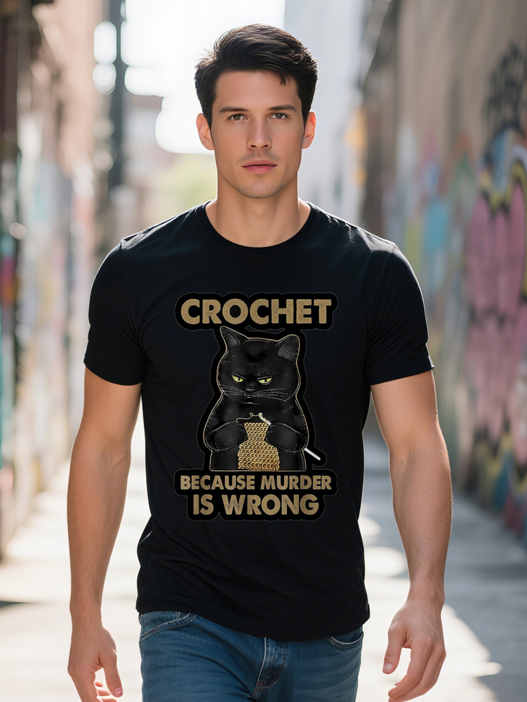 Men's Humorous Black T-Shirt with Crochet Because Murder Is Wrong Cat Casual Short Sleeve Perfect Y K Anime Dark
