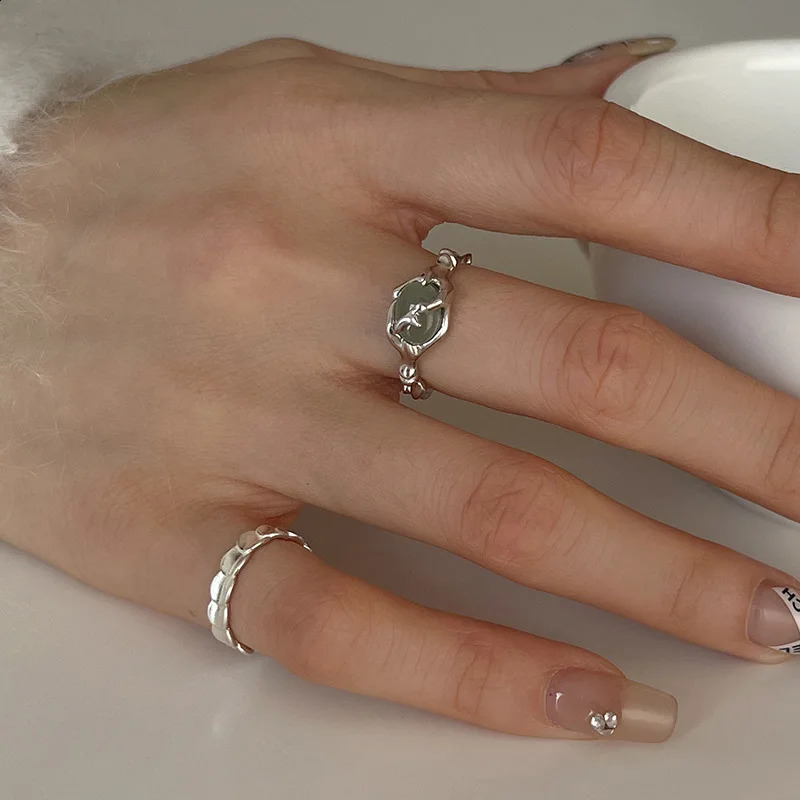 925 Sterling Silver plated Liquid Lava Hetian Jade Bamboo Ring for Women Girl Gift Irregular Vintage Jewelry Drop 250811