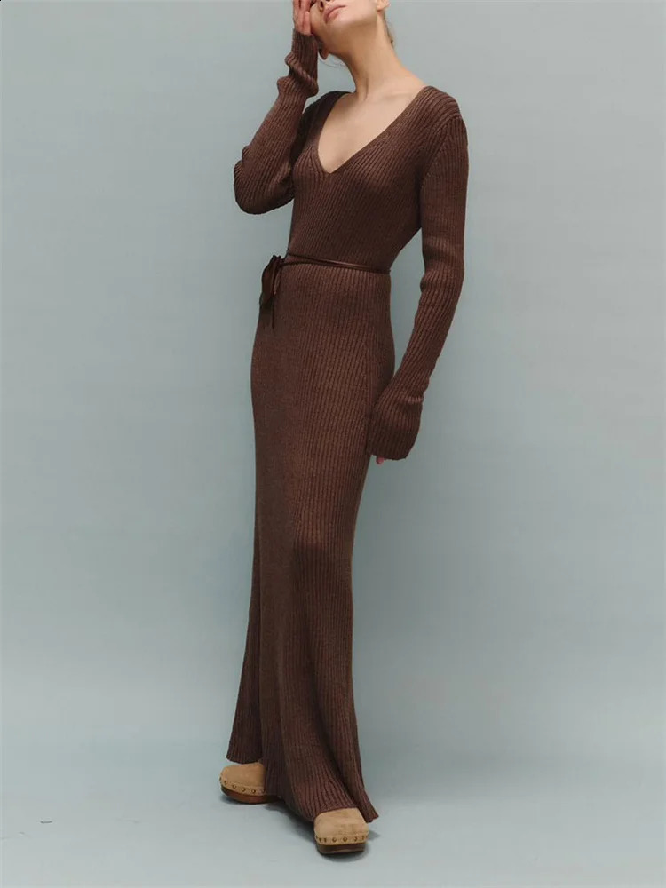 Tossy Ribbed Knit Loose Maxi Dress Female V-Neck Patchwork High Waist Casual Party Dress Clothes Womens Knitwear Dress 250805