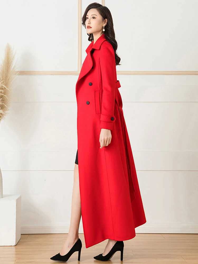 New Women Red Woolen Coat Autumn Winter Fashion Vintage Hepburn Style Double Breasted Belt Slim Long Wool Blends Tops Coat Z250813