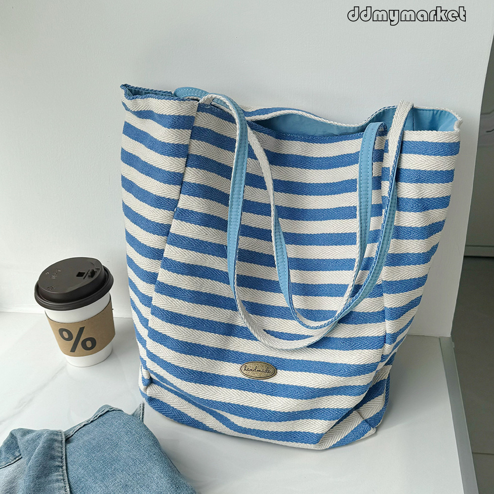Double-Sided Striped Canvas Korean INS Lazy Style Large Capacity Shoulder Tote Student Casual Shopping Bag for Women ddmymarket