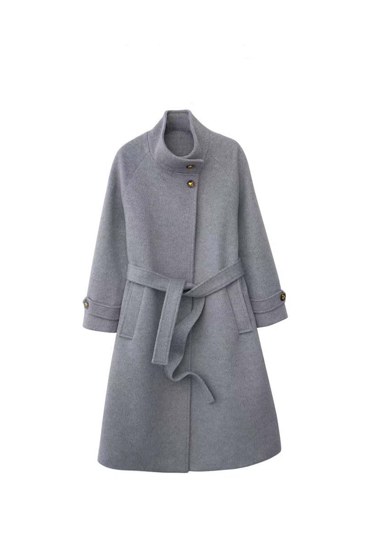 Women's New Stand Collar Long Wool Coat with Belt - Double-Sided Fleece