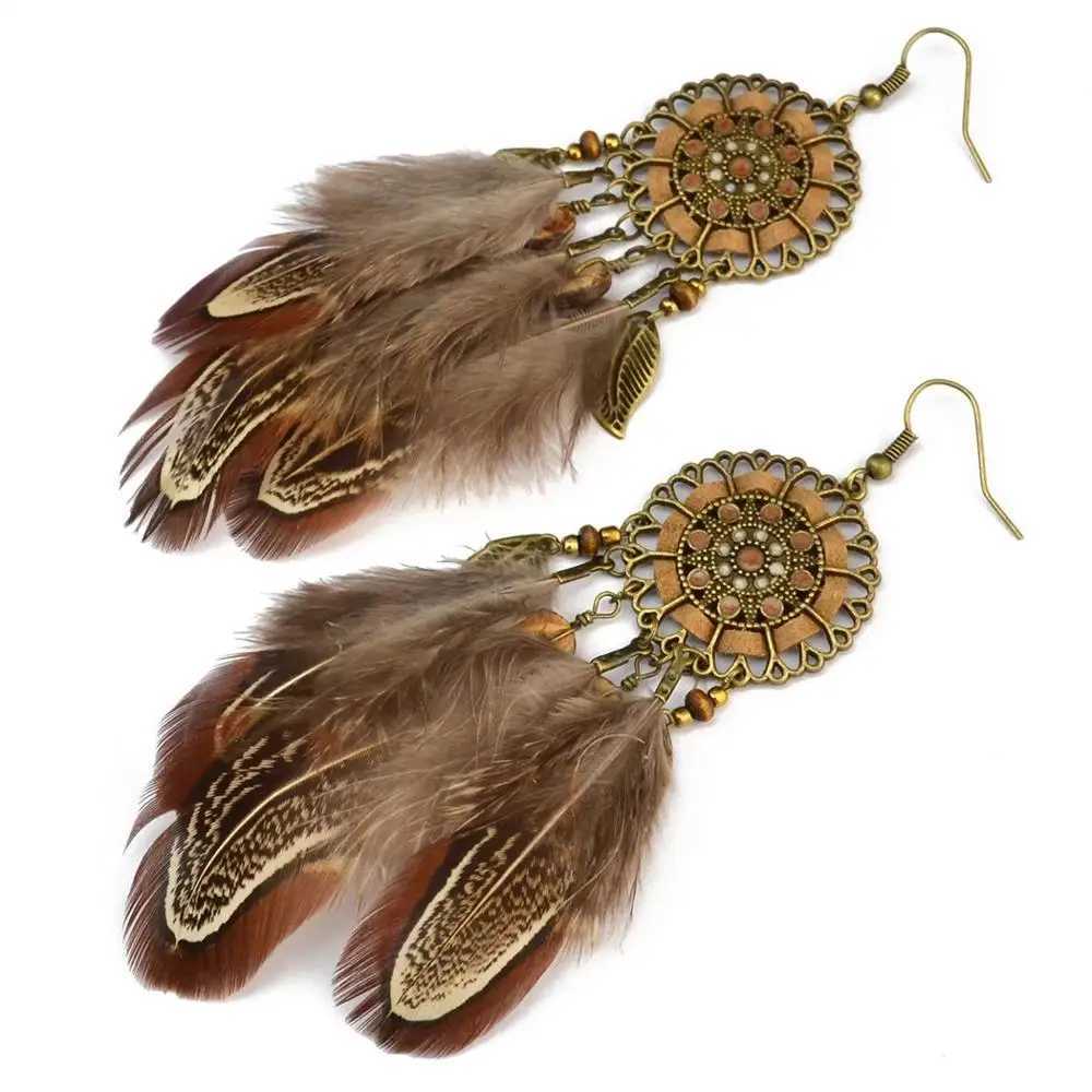 Fashion Long Tassel Brown Feather Bride Wedding Earrings Bohemian Vintage Wooden Beads Dangle Earrings For Women Indian Jewelry Y250812