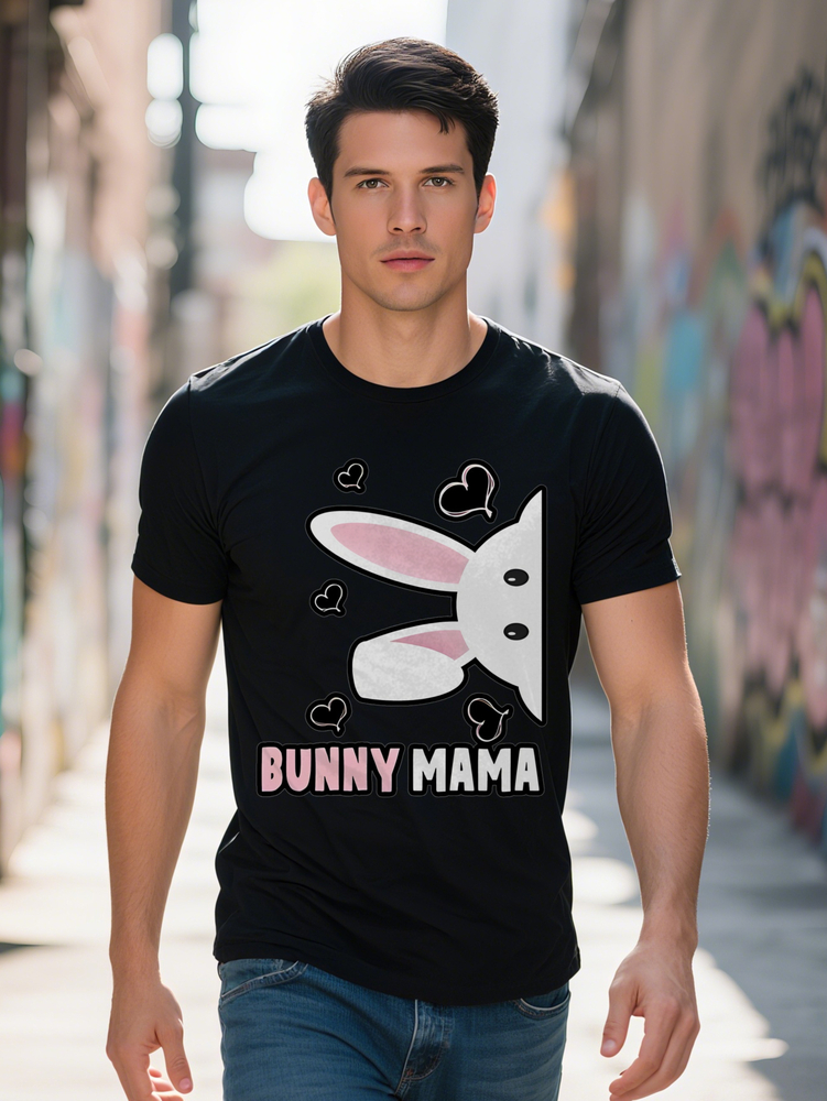 Men S Crew Neck T-Shirt with Cartoon Rabbit Print Pink Ears and Eyes Design Lightweight Fabric Summer Fashion Top