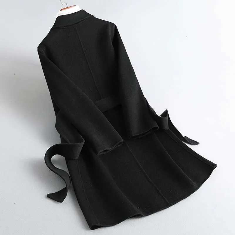 2025 Autumn 100% Wool Coats With Belt Fashion Open Stitch Elegant Woolen Cashmere Coat Womens Jacket Tops Z250813