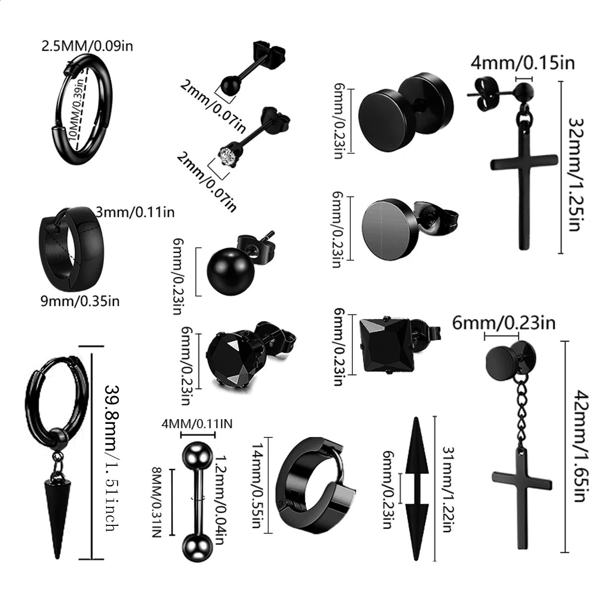 22 Pairs Stainless Steel Black Stud Earrings For Men Cross Cone Pendant Hoop Earrings Party Birthday Gift 250812