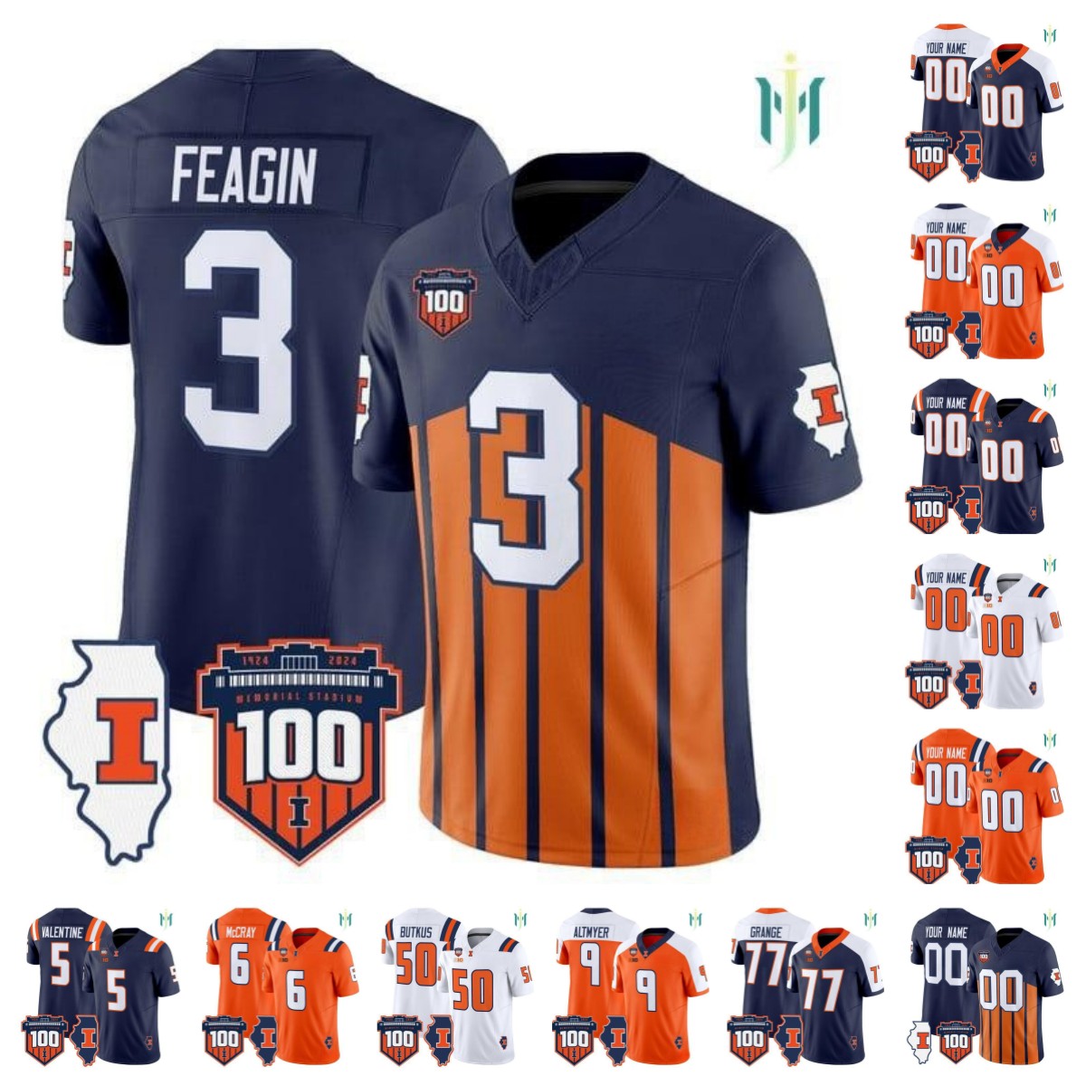 Illinois Fighting Illini 100th Luke Altmyer Kaden Feagin Dick Butkus Red Grange Ca'Lil Valentine Josh McCray 2025 custom football jerseys - all stitched mens women kid