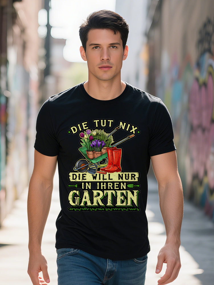 Men S Casual Round Neck T-Shirt with Green Cart and Purple Tulip Print Die Tut Nix Will NURT German Quote Lightweight