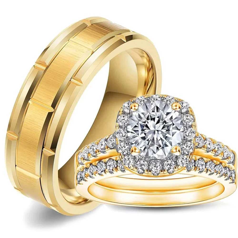 His and Hers Couple Rings Luxury Gold Color Women Rhinestones Zircon Rings Set Men Stainless Steel Wedding Rings Jewelry Gifts W250812
