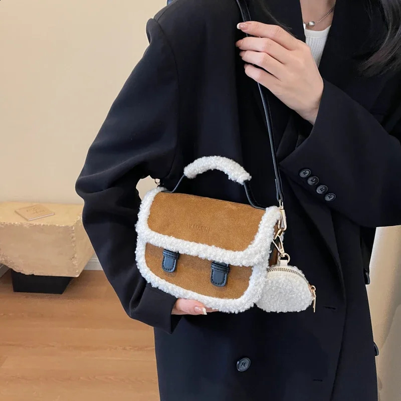 Winter Womens Plush Small Square Bag Color Contrast Single Shoulder Crossbody Bag Brown Handbag 250809